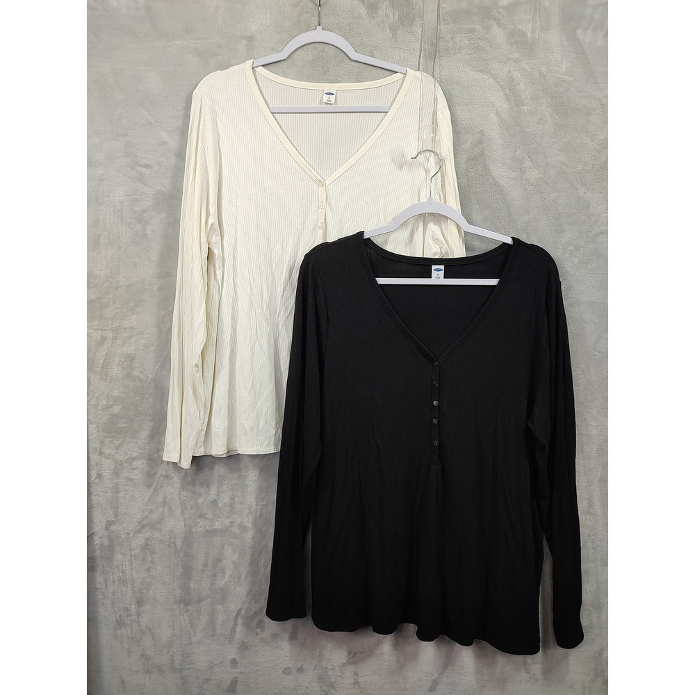 Old Navy Womens XL Ribbed Henley Long Sleeve Tops 2 Pack Black Cream V-Neck